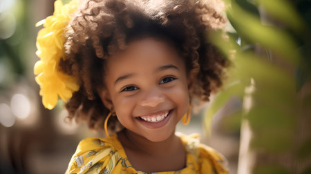 Portrait of a cute african american little girl smiling outdoorsの素材