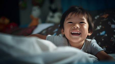 Portrait of happy little Asian girl lying on the bed and laughingの素材
