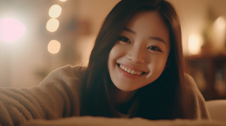 Portrait of a beautiful asian woman smiling and looking at cameraの素材