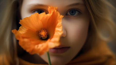 Portrait of a beautiful girl with a poppy flower. Close-up.の素材