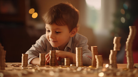 Cute little boy playing with gold coins at home. Concept of saving money.の素材