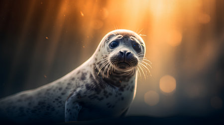 Fur seal on a background of a forest with rays of lightの素材