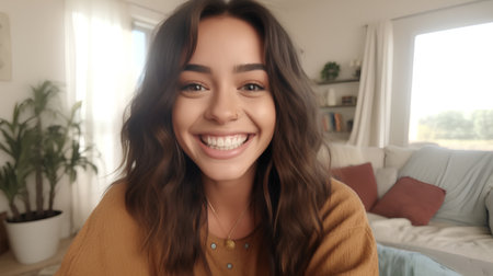 Portrait of beautiful young woman smiling and looking at camera at homeの素材