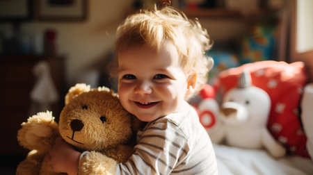 Portrait of a cute little boy with teddy bear at homeの素材