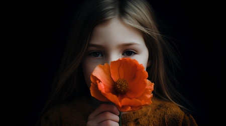 Portrait of a little girl with a red poppy flower on a black backgroundの素材