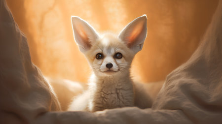 Cute little fox cub sitting on the bed at home. Animal portrait.の素材