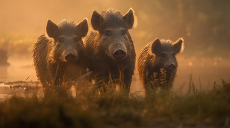 Wild boar (Sus scrofa) in the morning mistの素材