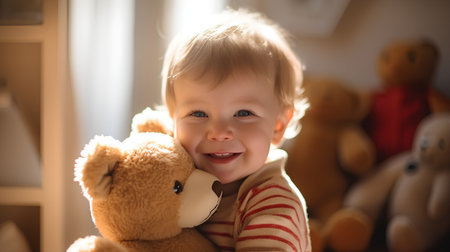 Cute little boy playing with teddy bear in the room at homeの素材