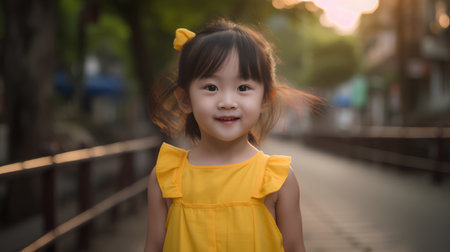Portrait of cute asian little girl in yellow dress outdoor.の素材