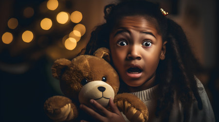 Surprised african american little girl holding teddy bear and looking at cameraの素材