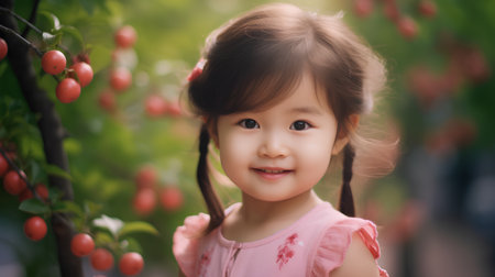 Cute little asian girl in the garden with red plum.の素材