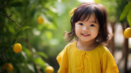 cute little asian girl in yellow dress on lemon tree backgroundの素材