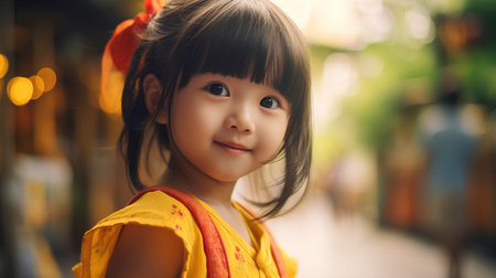 Portrait of a little asian girl in a yellow dress.の素材