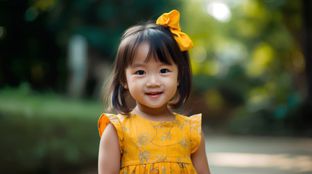 Cute asian little girl in yellow dress smiling and looking at camera.の素材