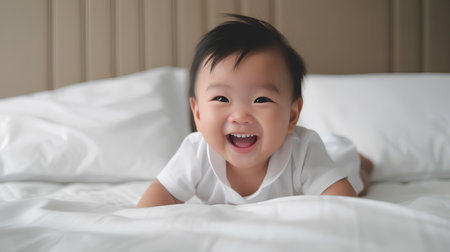 Cute asian baby boy lying on the bed and laughing.の素材