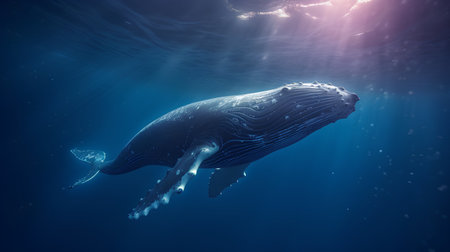Humpback whale swimming in deep blue ocean. 3D Renderingの素材