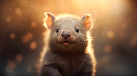 Close-up portrait of a cute little brown marsupial sitting on dark backgroundの素材
