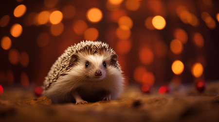 Hedgehog on the background of a Christmas garland with bokehの素材
