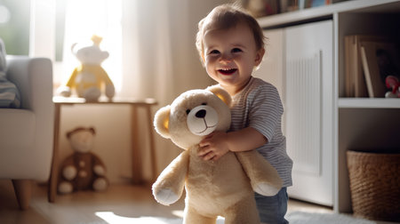 Cute little boy playing with teddy bear at home. Adorable child having fun and smiling.の素材