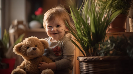 Cute little girl playing with a teddy bear at home.の素材