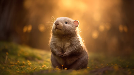 Cute otter sitting on the grass in the autumn forest.の素材