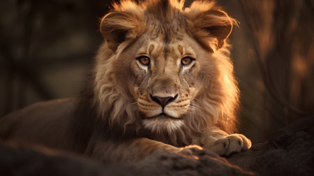 Portrait of a male lion in the sunset light. Lion is one of the largest cats in the world.の素材