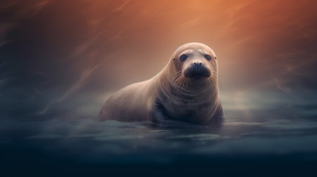 seal on the sea in the ocean at sunset time. 3d renderingの素材