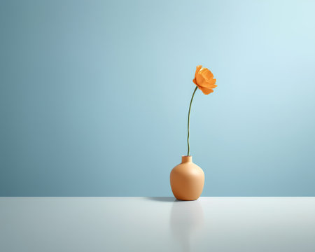 Orange flower in vase on blue wall background. 3d renderの素材