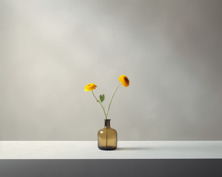 Yellow flowers in a vase on a gray background. 3d renderingの素材