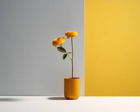 3d render of a yellow rose in a vase on a white floorの素材