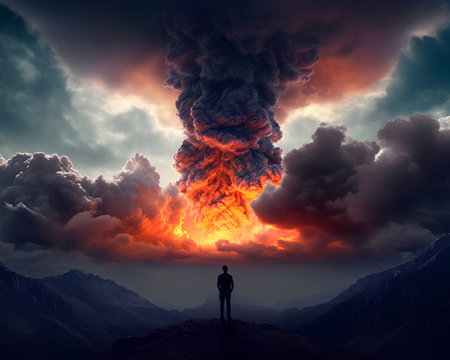 Man standing on the top of a mountain and looking at the explosionの素材