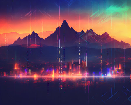 Futuristic landscape with mountains and city lights. Vector illustration.の素材