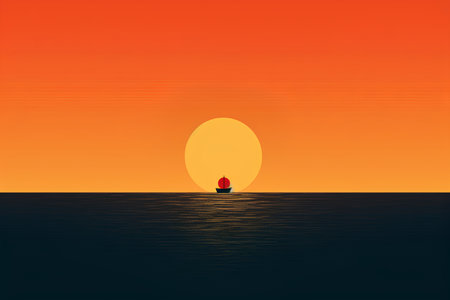 Sunset over the sea with a sailboat. Vector illustration.の素材