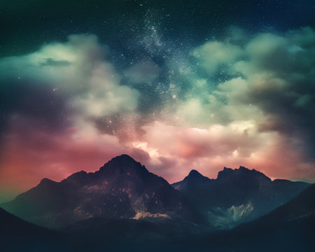 Night sky with stars and clouds over mountains. Elements of this image furnished by NASAの素材
