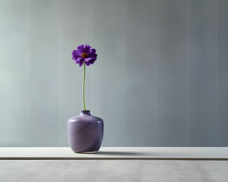 Purple flower in vase on wooden floor. 3D renderingの素材