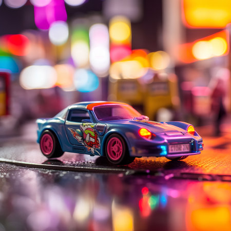 Miniature toy car on the road in the city with blurred backgroundの素材