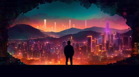 Silhouette of a woman standing on the background of the night city.の素材