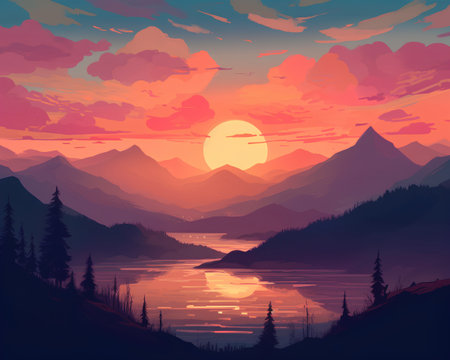 Beautiful sunset over the lake. Mountain landscape. Vector illustration.の素材