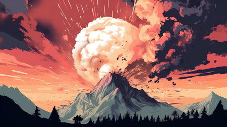 Volcanic eruption in the mountains. Vector illustration of an explosion.の素材
