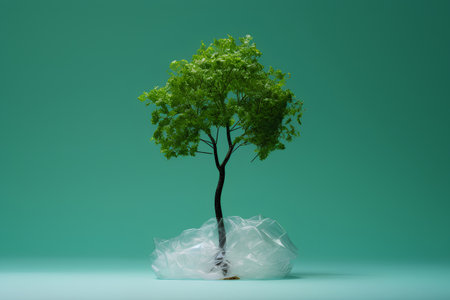 Tree in plastic bag on green background. Ecology concept. 3D Renderingの素材