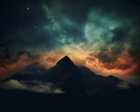 Mountain landscape with stars and nebula. Elements of this image furnished by NASAの素材