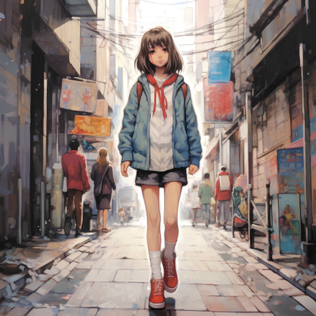 Fashion girl in the city street. Digital painting style illustration.の素材