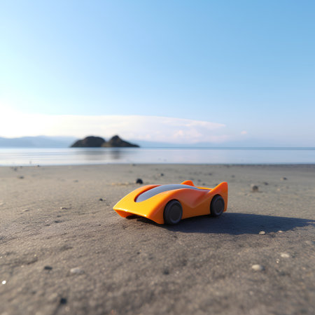 Toy car on the beach in the morning. 3d rendering.の素材