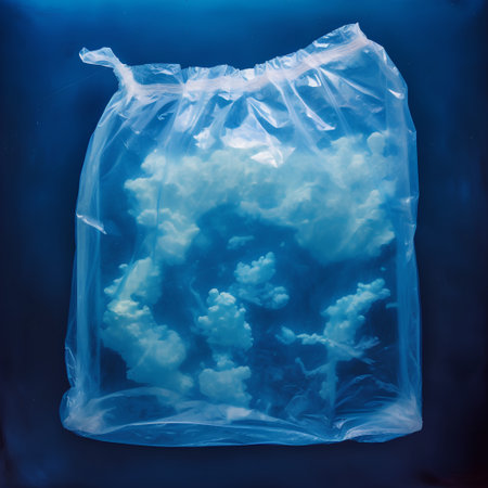 Plastic bag with blue sky and clouds on dark blue background.の素材