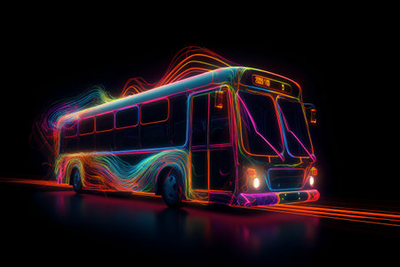 Bus with neon lights on a dark background. 3d rendering.の素材