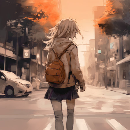 Digital painting of a young woman with a backpack walking along the streetの素材