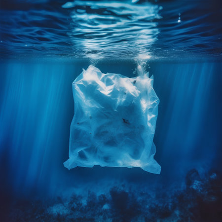 Plastic bag floating in deep blue water. Environmental pollution concept.の素材