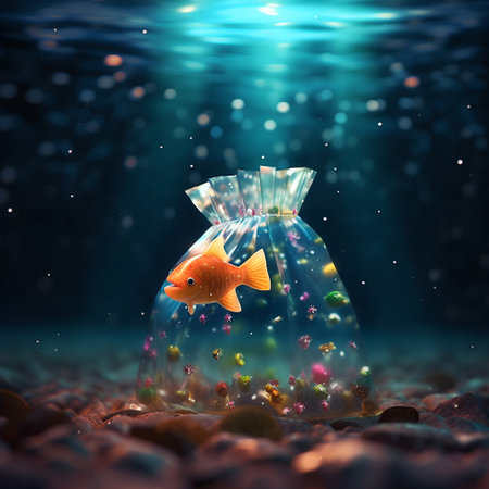 Goldfish in a plastic bag. Underwater world. 3d renderingの素材