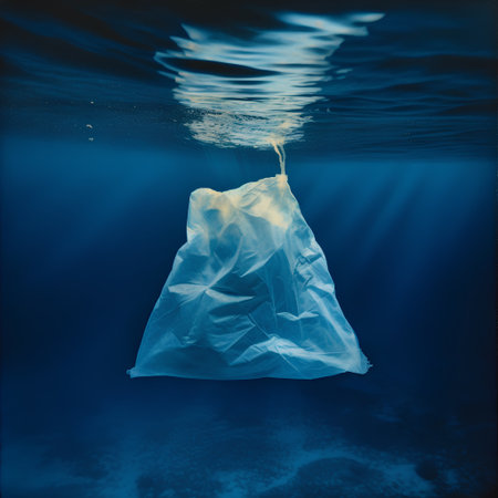 Plastic bag floating in deep blue sea. Concept of environmental pollutionの素材