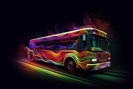 Bus on a dark background. Vector illustration of a bus with colored lights.の素材